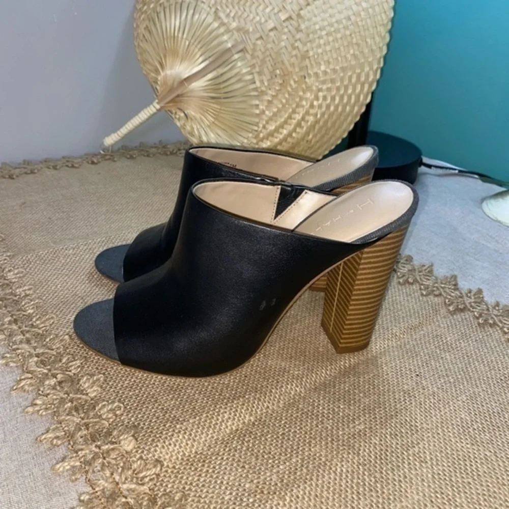 H by Halston Black Open-Toe Mule Heels with Striped Wood Block Heel